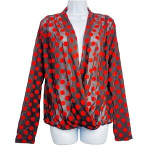 Zara Women’s Sz Large Black Sheer W/ Red Polka Dot Long Sleeve Low VNeck Cut Top